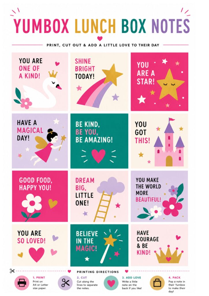 Printable sheet of colorful lunch-box notes with cheerful messages, illustrations, cut lines, and printing directions.