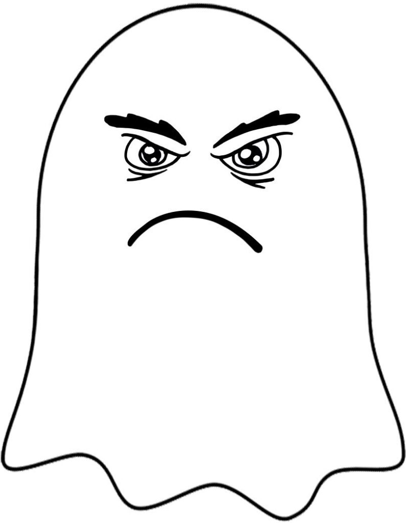 Black-and-white outline of a ghost with furrowed brows and a frowning expression.