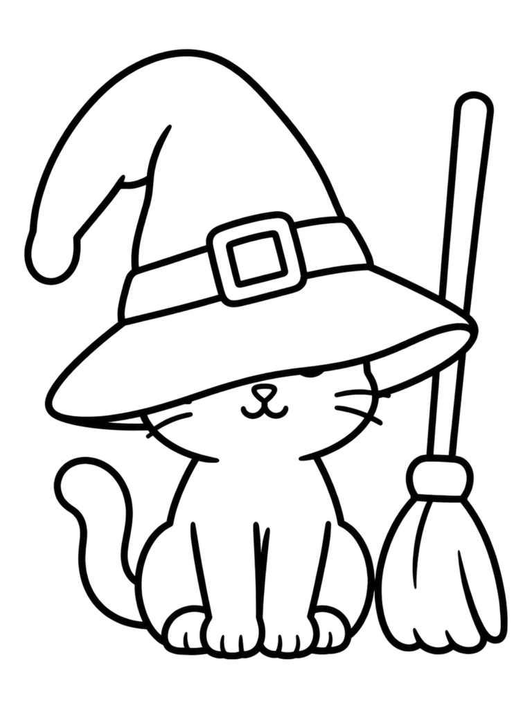 A sitting cat wearing a wide-brimmed witch hat with a buckle, beside a broom; the black-and-white outlines are ready to color.