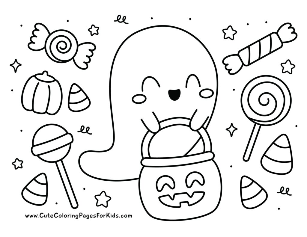 Easy Halloween coloring page showing a smiling ghost above a jack-o’-lantern, surrounded by candy, lollipops, stars, and small pumpkins.