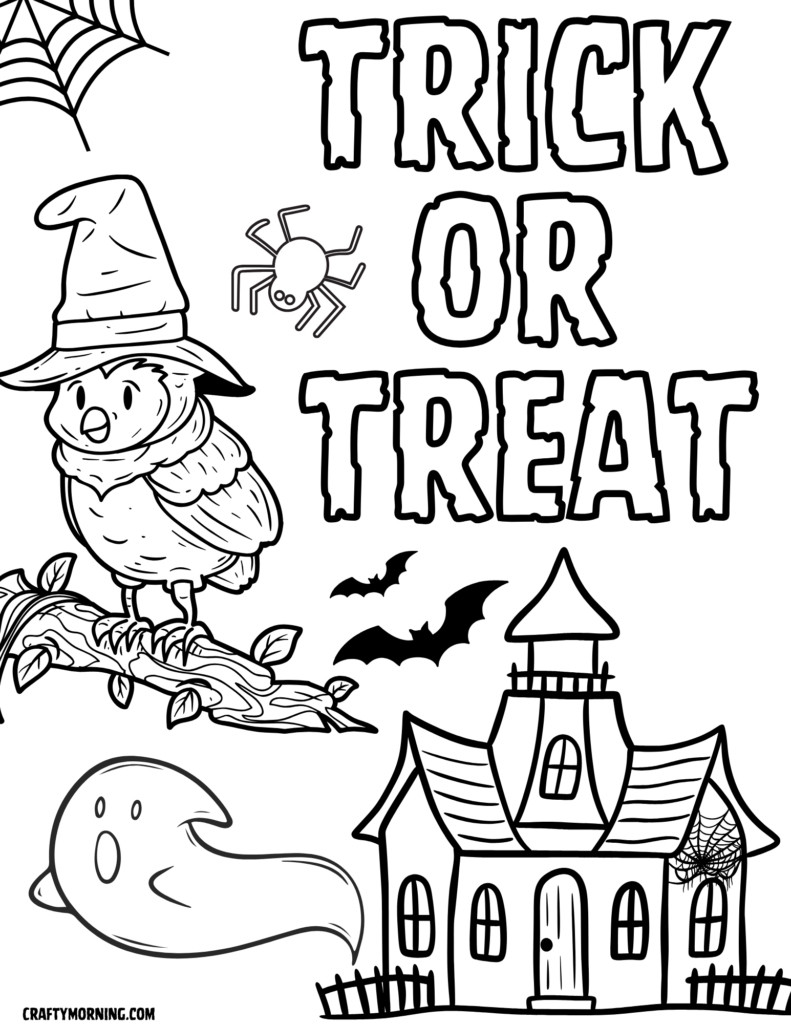 Halloween coloring page with “Trick or Treat” lettering, a witch-hat-wearing owl on a branch, a spider, bats, a ghost, and a haunted house.