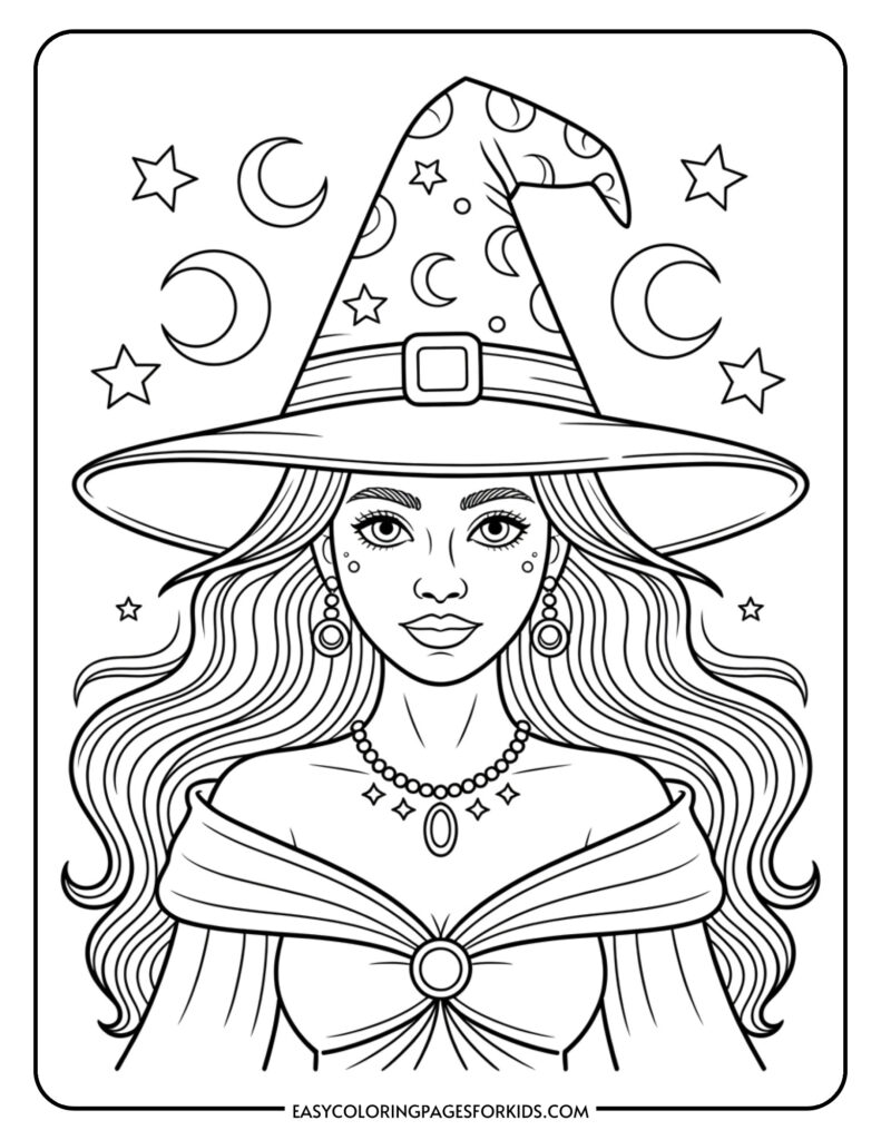 Black-and-white coloring page of a witch with long wavy hair, a decorated pointed hat, jewelry, stars, and crescent moons.