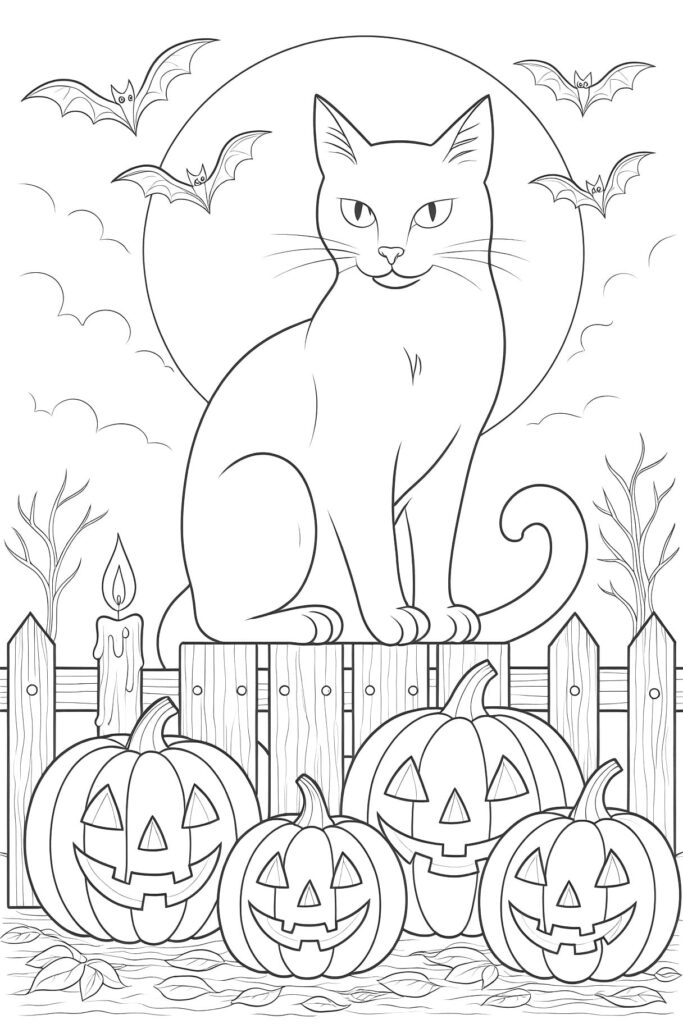 Halloween coloring page showing a cat perched on a fence above four jack-o’-lanterns, with bats, a full moon, and bare trees.