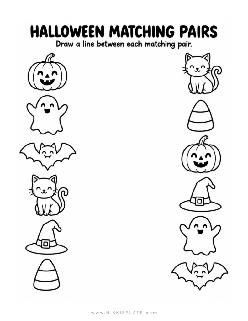Halloween matching worksheet instructing children to draw lines between matching pairs of pumpkins, ghosts, bats, cats, witch hats, and candy corn.