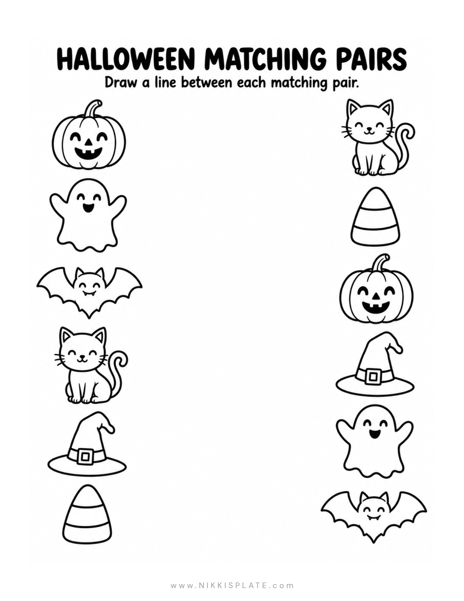 Halloween matching worksheet instructing children to draw lines between matching pairs of pumpkins, ghosts, bats, cats, witch hats, and candy corn.