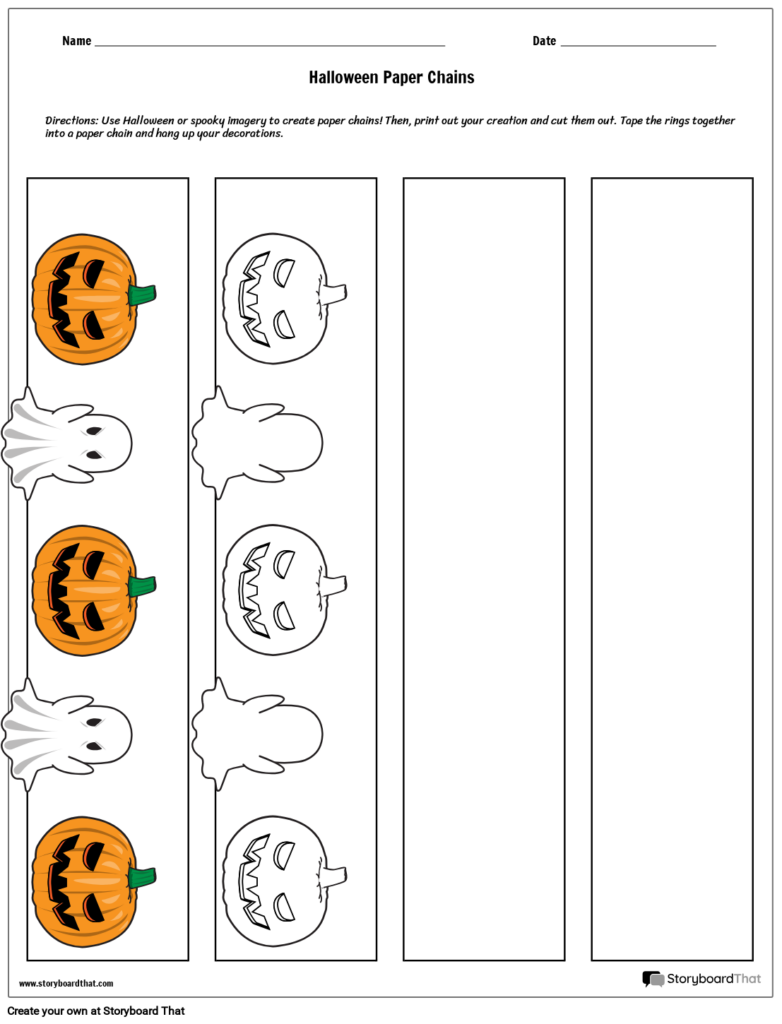 Halloween paper-chain worksheet with name and date lines, instructions, and vertical strips of pumpkin and ghost designs, including colored examples and blank outlines.