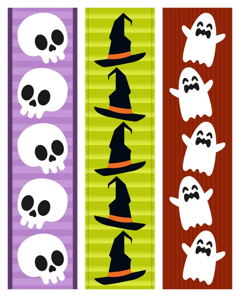 Three vertical Halloween decoration strips feature repeated white skulls on purple stripes, black witch hats on lime stripes, and white ghosts on a dark red striped background.