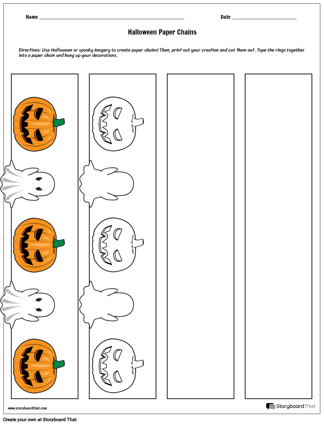 Halloween paper-chain worksheet with name and date lines, instructions, and vertical strips of pumpkin and ghost designs, including colored examples and blank outlines.