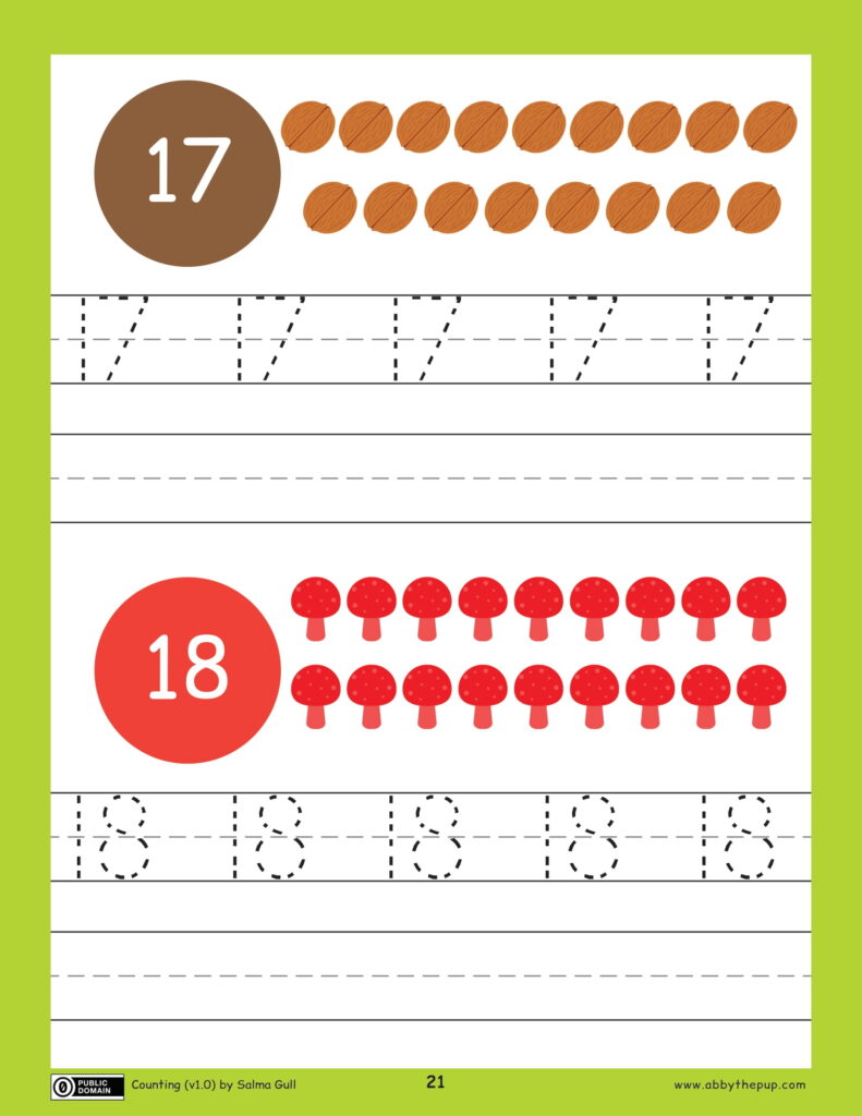 A counting worksheet shows groups of 17 brown acorns and 18 red mushrooms, with dashed tracing guides for writing the numerals.