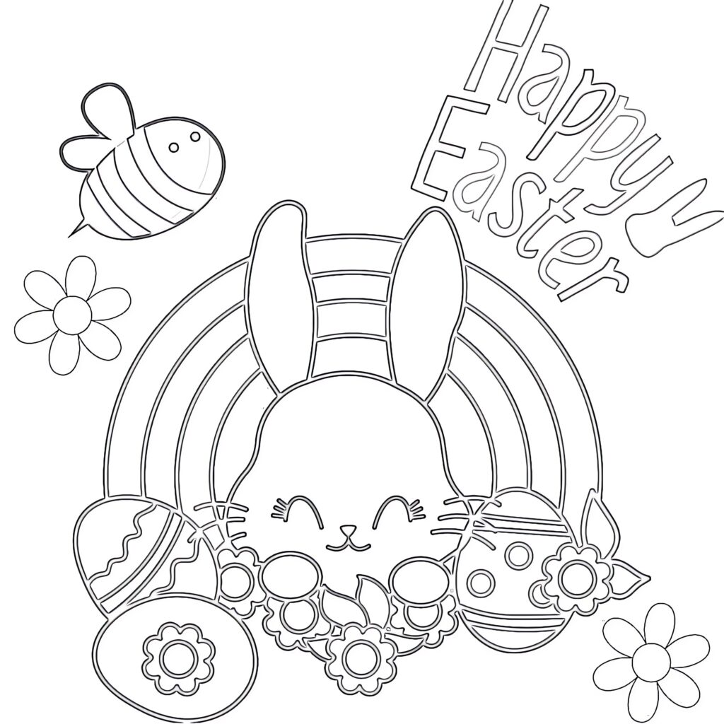 Easter coloring page with large outlined “Happy Easter” lettering above a bunny surrounded by decorated eggs, flowers, a bee, and a rainbow.