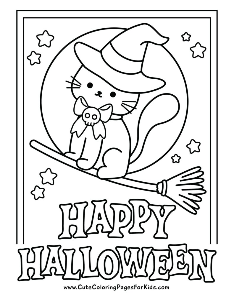 Halloween coloring page showing a cat in a witch hat sitting on a broom among stars, with “HAPPY HALLOWEEN” outlined below.