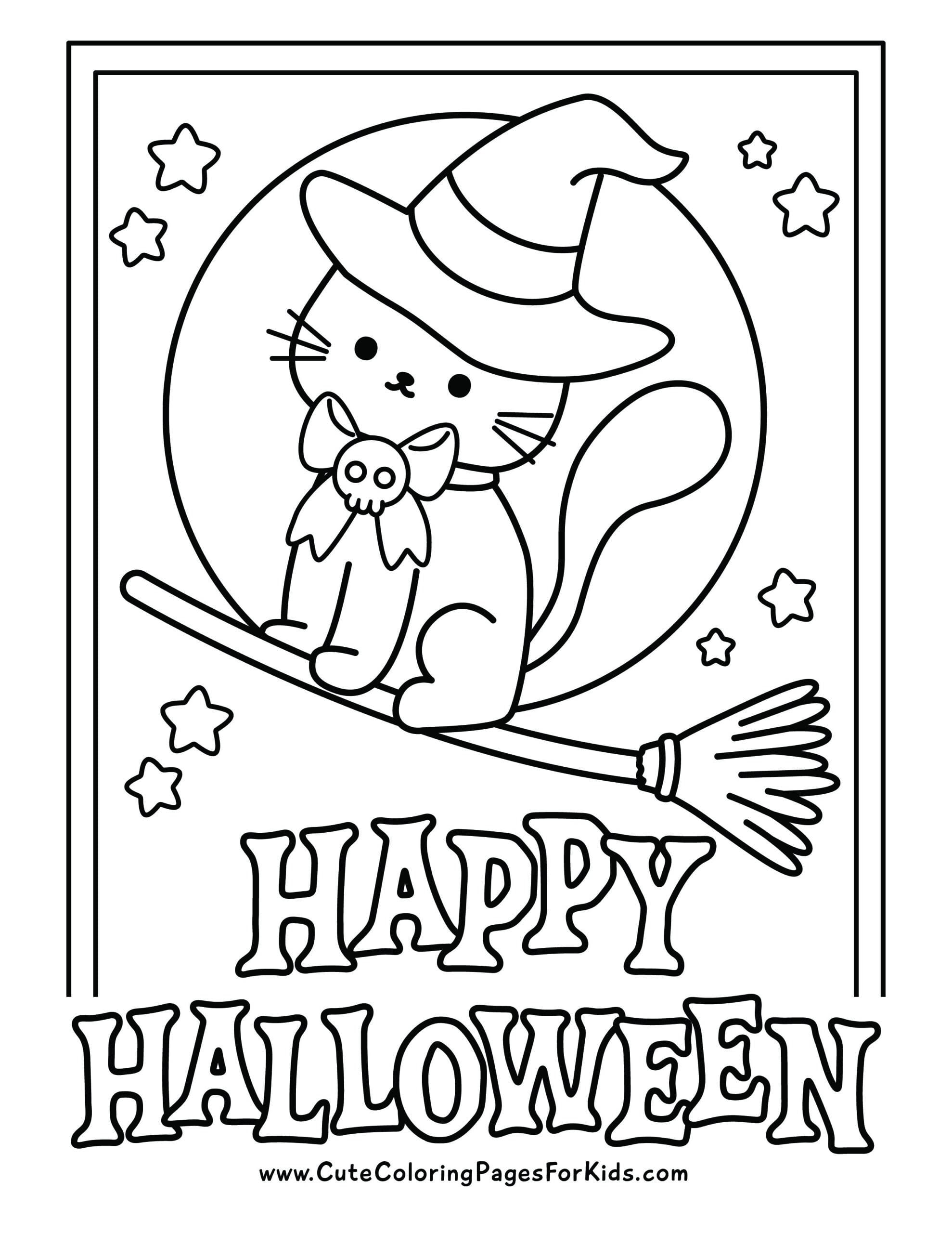 Halloween coloring page showing a cat in a witch hat sitting on a broom among stars, with “HAPPY HALLOWEEN” outlined below.