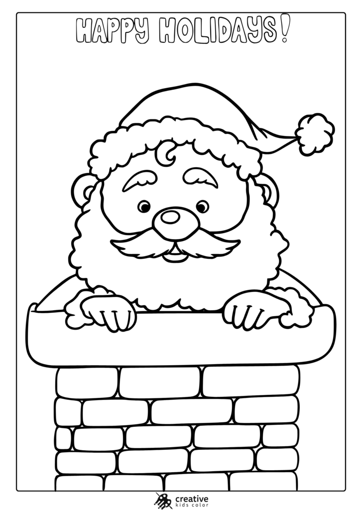 Happy Holidays coloring page showing Santa peeking over a brick chimney, wearing a Santa hat and gloves.