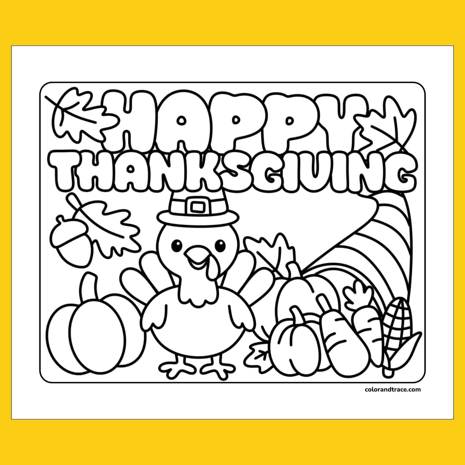 Thanksgiving coloring page with outlined lettering above a turkey wearing a hat, surrounded by pumpkins, leaves, and autumn vegetables.