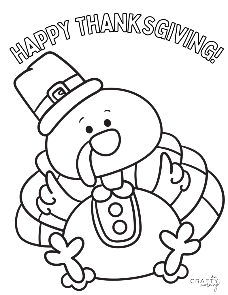 Thanksgiving coloring page featuring a smiling turkey wearing a pilgrim hat, with “Happy Thanksgiving” outlined above and decorative feathers and buttons.
