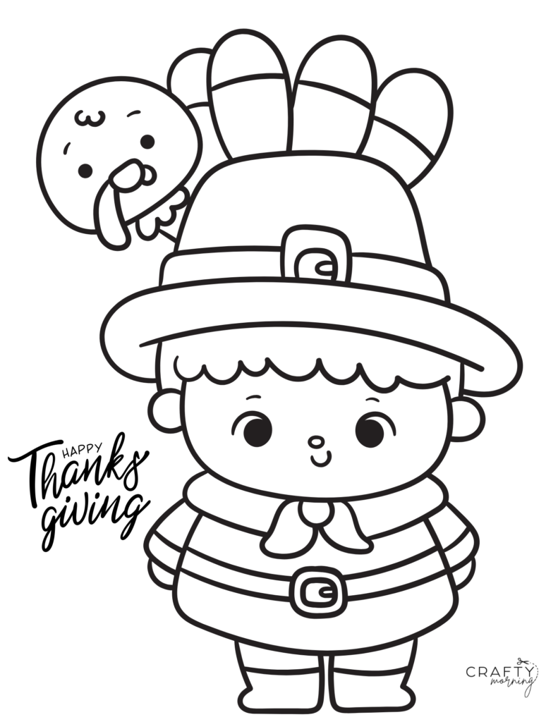 Thanksgiving coloring page showing a smiling child dressed as a pilgrim, with a turkey peeking out behind the hat and “Happy Thanksgiving” lettering.