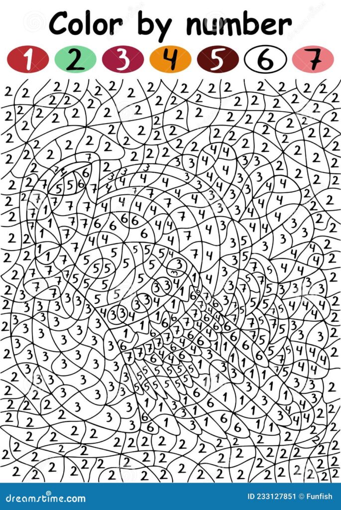 A black-and-white color-by-number worksheet featuring a turkey divided into numbered regions, with a color key across the top.