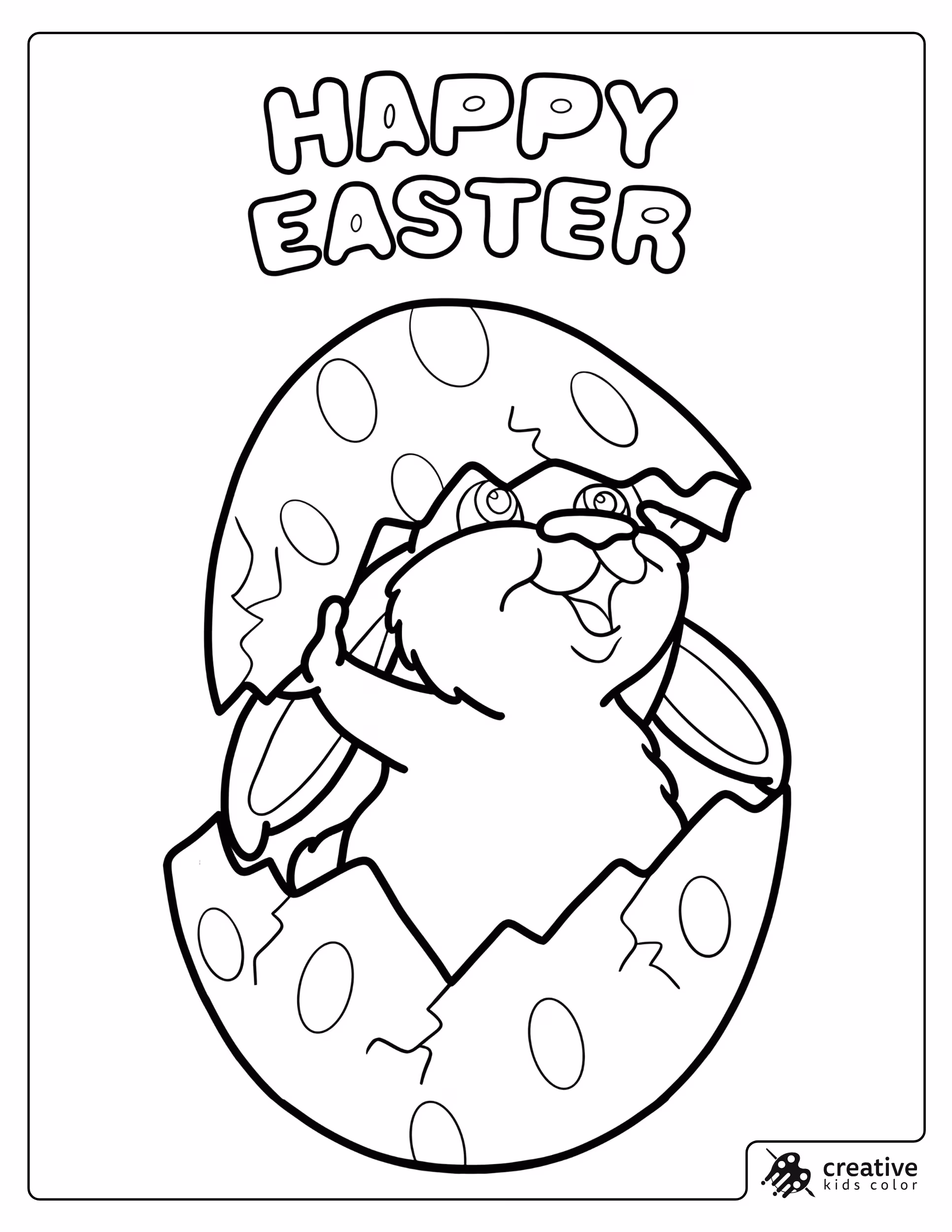 Easter coloring page with outlined “HAPPY EASTER” lettering and a smiling rabbit emerging from a decorated egg.