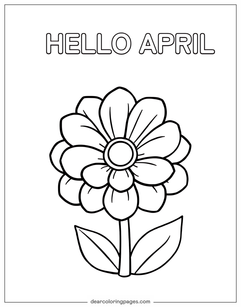 Coloring page with outlined “Hello April” lettering above a large layered flower, stem, and two leaves.