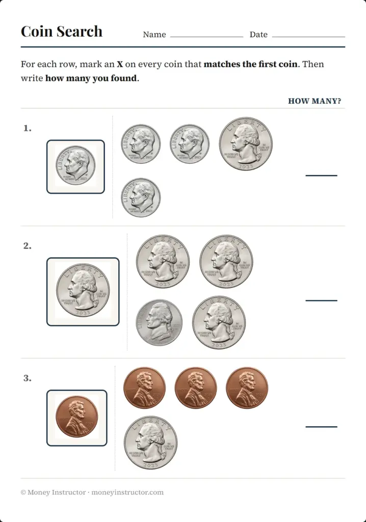 A coin search worksheet asks students to mark coins matching the first coin in each row and write how many they find. Rows show images of dimes, quarters, and pennies.