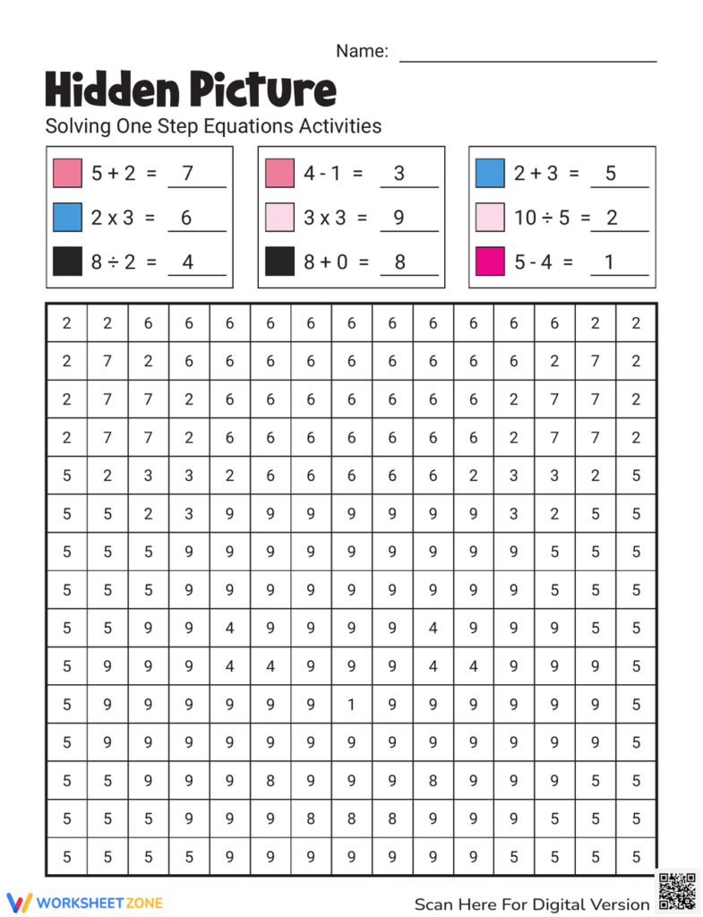 A hidden-picture worksheet for solving one-step equations, with colored answer keys above a large numbered grid.