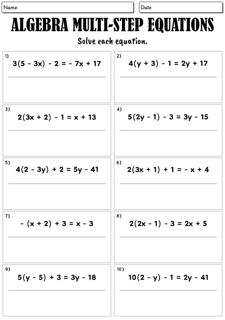 An algebra worksheet titled “Algebra Multi-Step Equations,” with ten numbered equations to solve and blank work areas.
