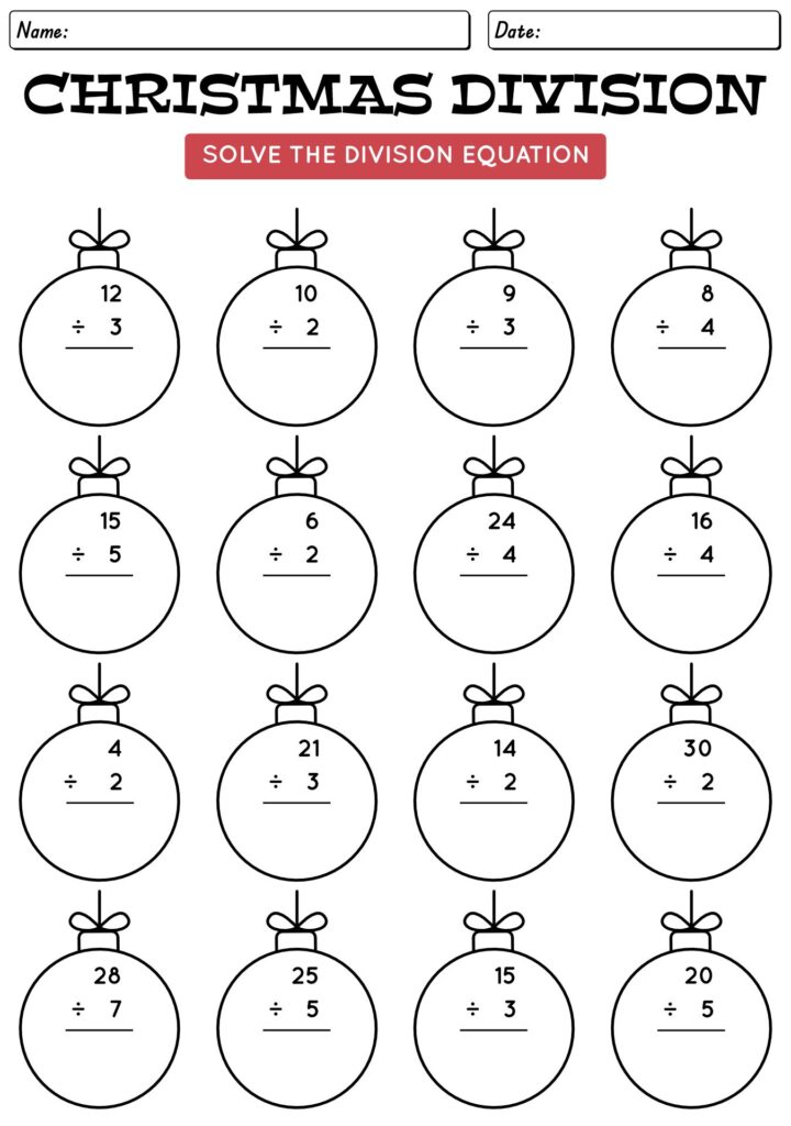 A Christmas division worksheet titled “Christmas Division,” with 16 ornament-shaped problems and spaces to write answers.