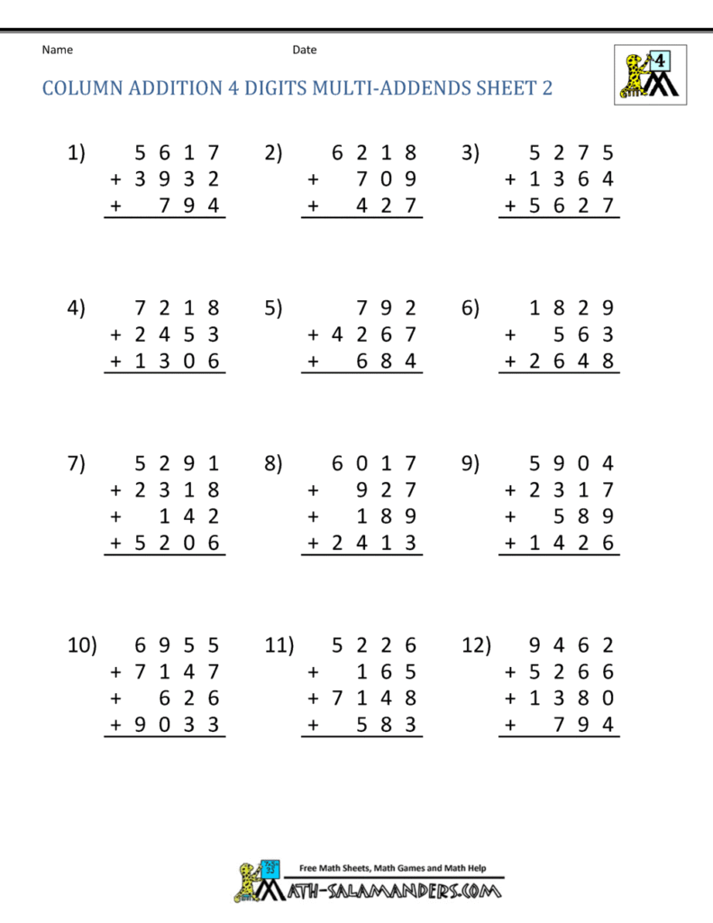 A worksheet titled “Column Addition 4 Digits Multi-Addends Sheet 2” shows 12 vertically arranged addition problems with spaces for answers.