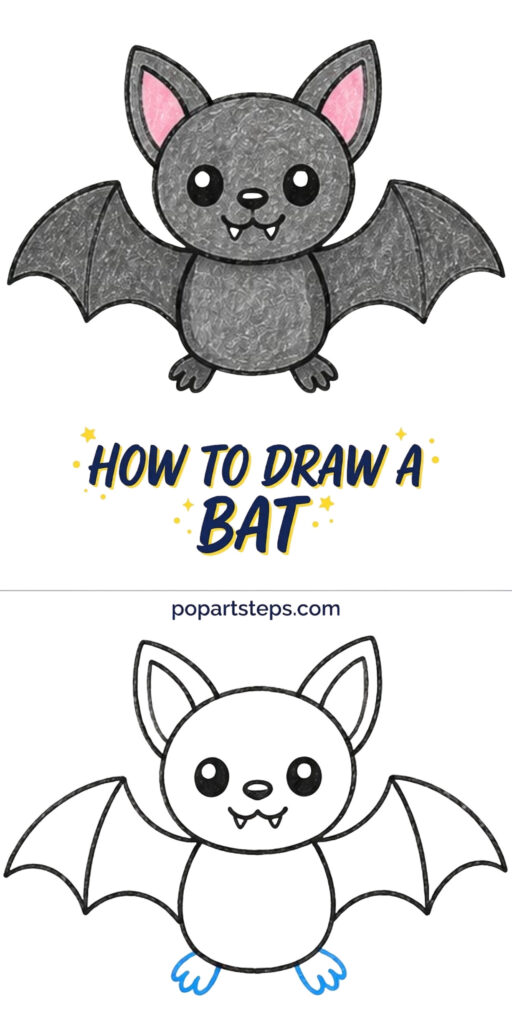 A cartoon bat with large pointed ears, outstretched wings, small fangs, and feet is shown colored above and as a black-outline drawing below.