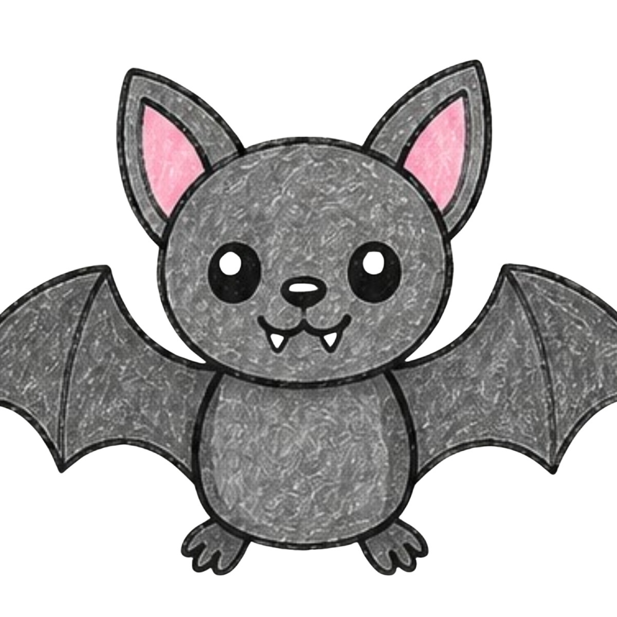 A cute cartoon bat with large pointed ears, pink inner ears, spread wings, round eyes, and small fangs.