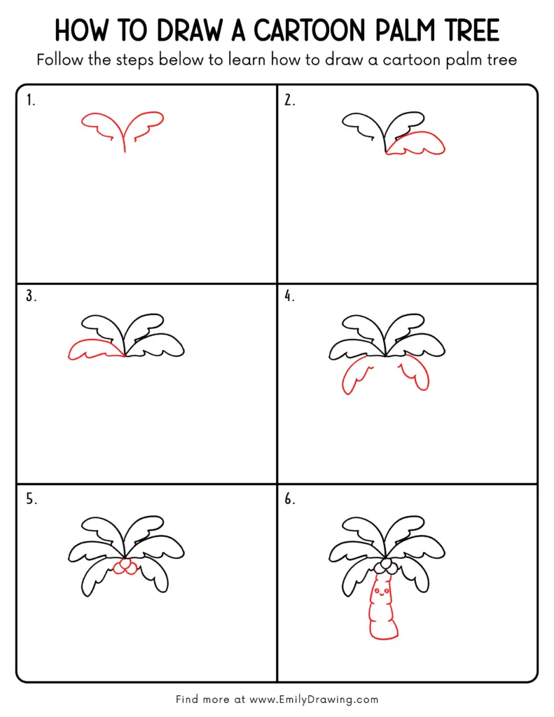 A six-panel worksheet demonstrates drawing a cartoon palm tree, adding fronds, coconuts, and a face on the trunk.