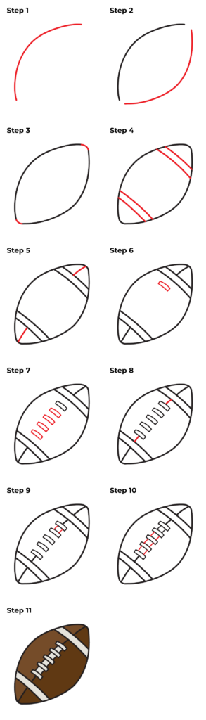 An eleven-step football drawing tutorial, progressing from curved outlines and stripe details to a finished brown football with white laces.