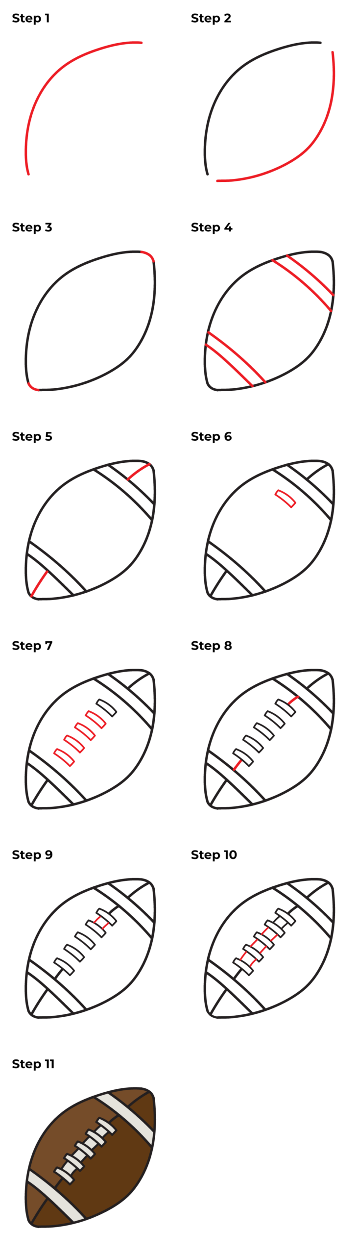 An eleven-step football drawing tutorial, progressing from curved outlines and stripe details to a finished brown football with white laces.