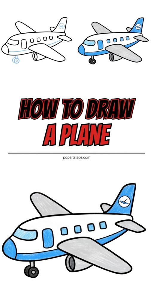 A step-by-step airplane drawing guide, with outline and colored examples above a larger finished white-and-blue passenger plane.