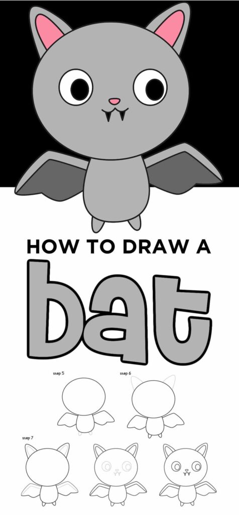 A bat drawing tutorial showing a finished gray cartoon bat above step-by-step outline drawings labeled steps 5–7.