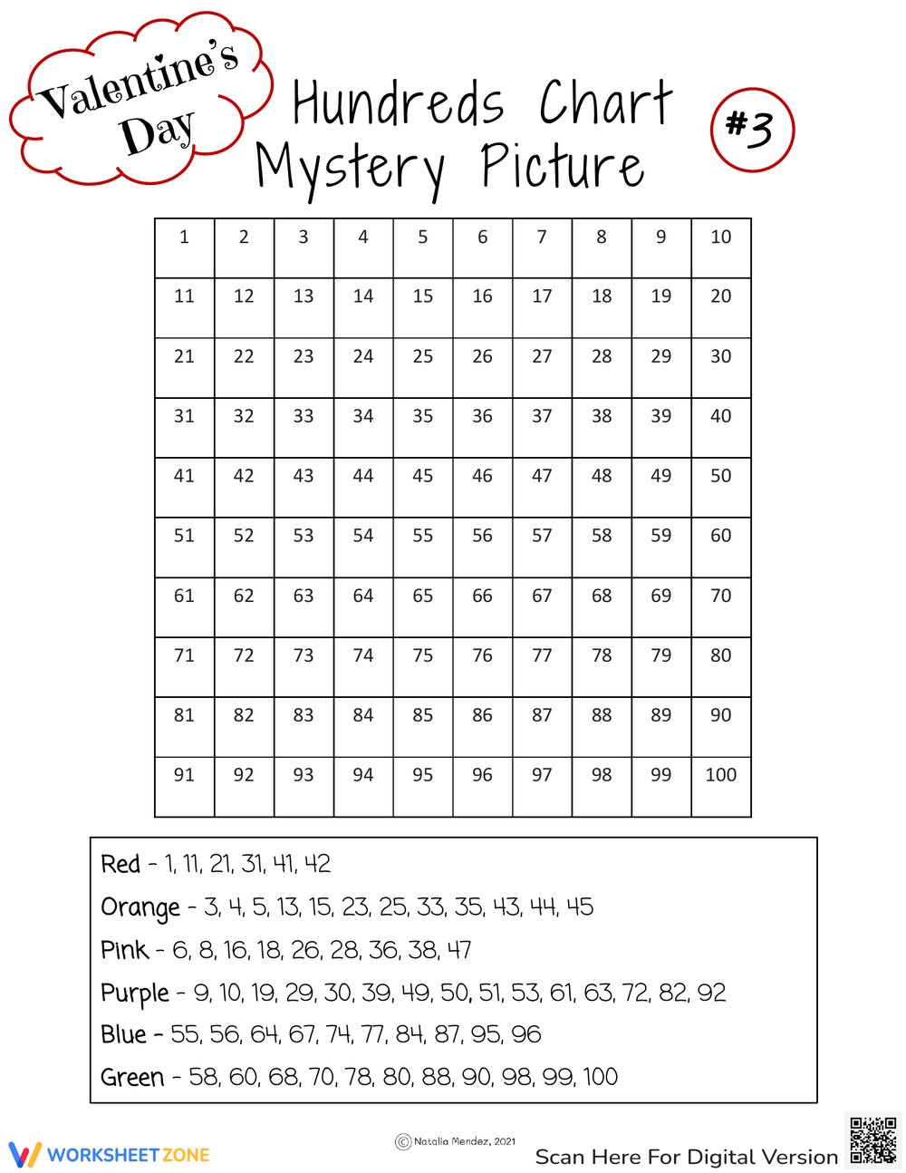 Valentine’s Day hundreds-chart mystery picture worksheet with a numbered 1–100 grid and color-coded number lists for red, orange, pink, purple, blue, and green.