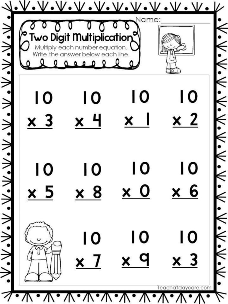 A black-and-white worksheet titled “Two Digit Multiplication,” with eleven problems multiplying 10 by single-digit numbers and cartoon children at the top and lower left.