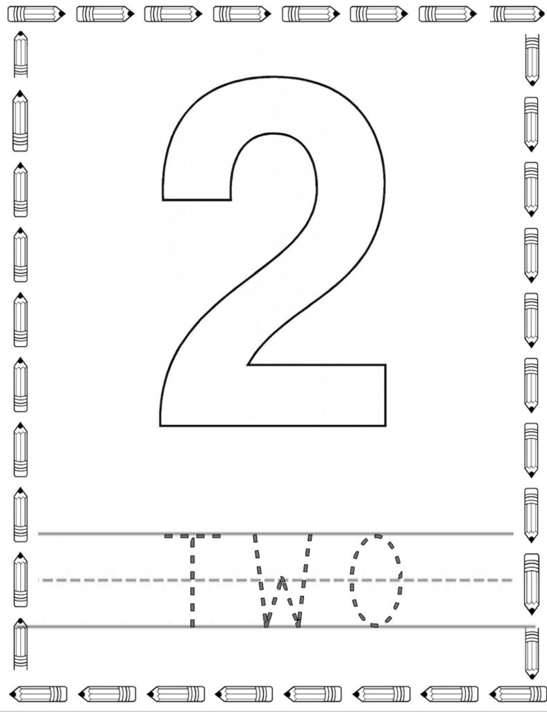 Number 2 handwriting worksheet with a large outlined numeral and dotted tracing practice between handwriting guide lines, surrounded by pencil illustrations.
