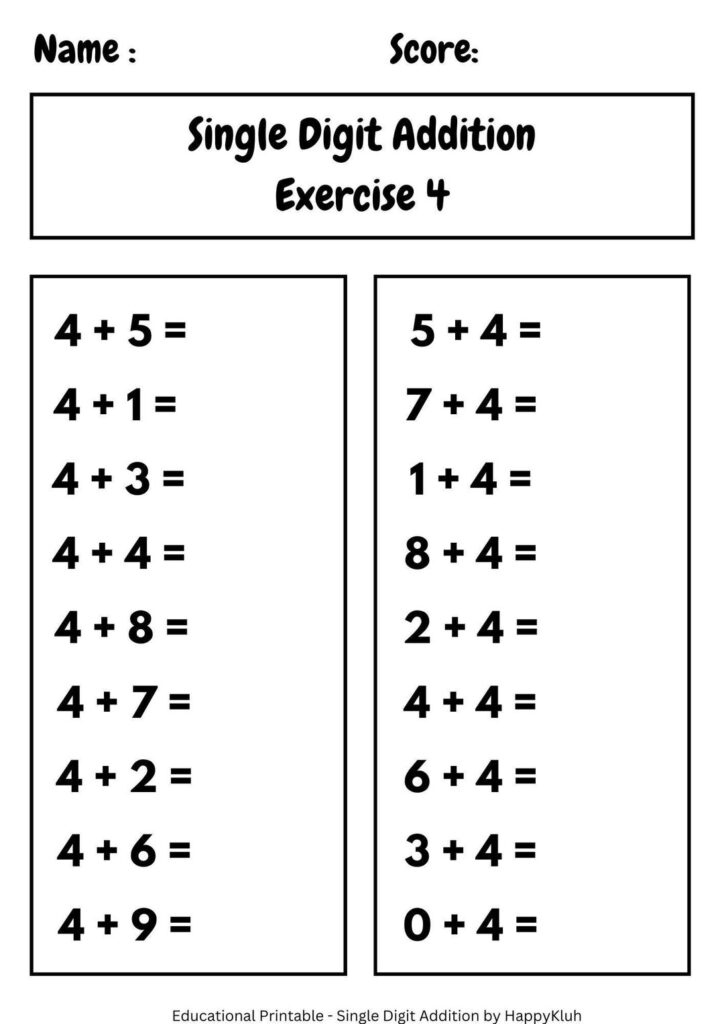 A single-digit addition worksheet titled “Single Digit Addition Exercise 4,” with two columns of addition problems and spaces for name and score.