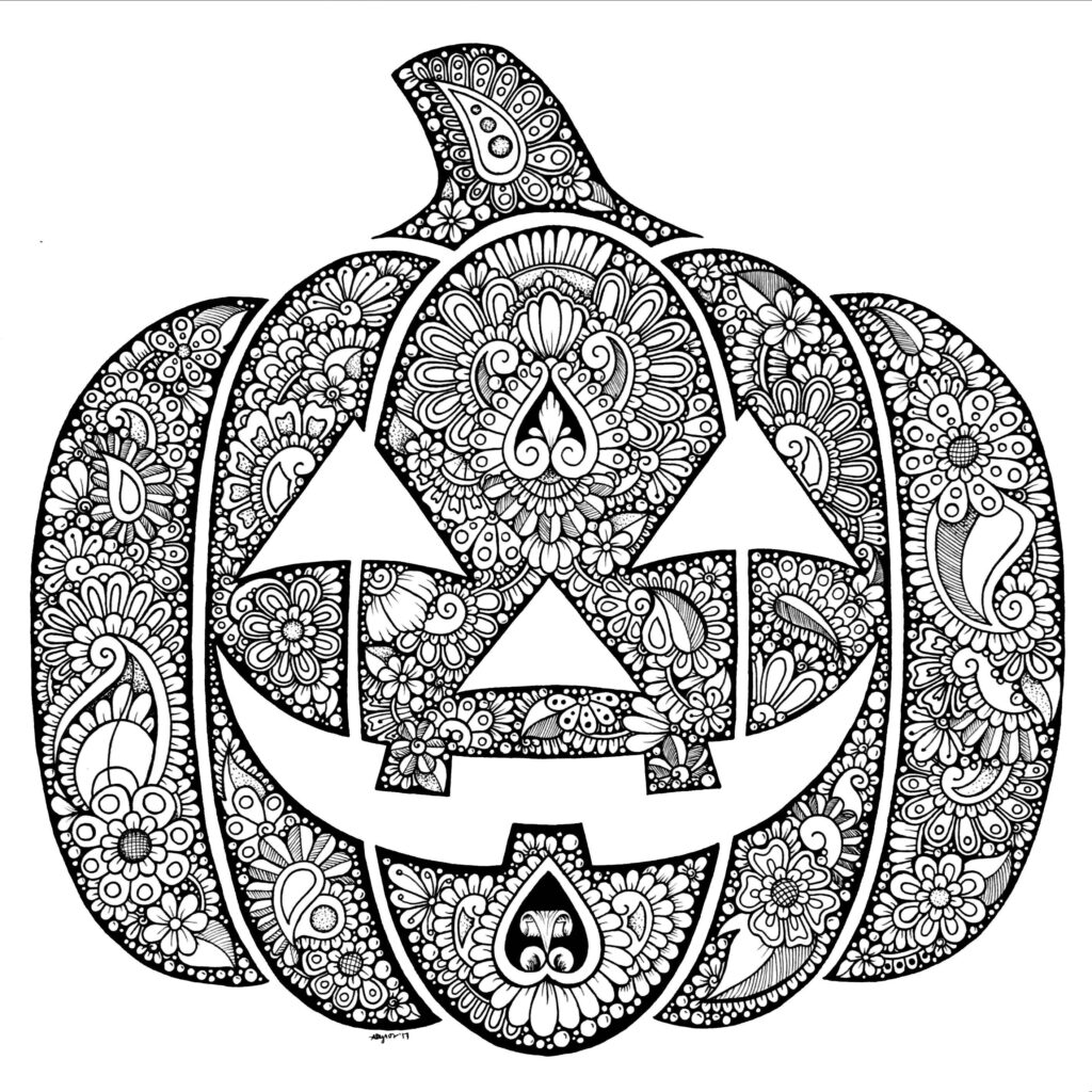 Jack-o’-lantern coloring page filled with intricate floral and paisley patterns, with a large smiling face and curved stem.