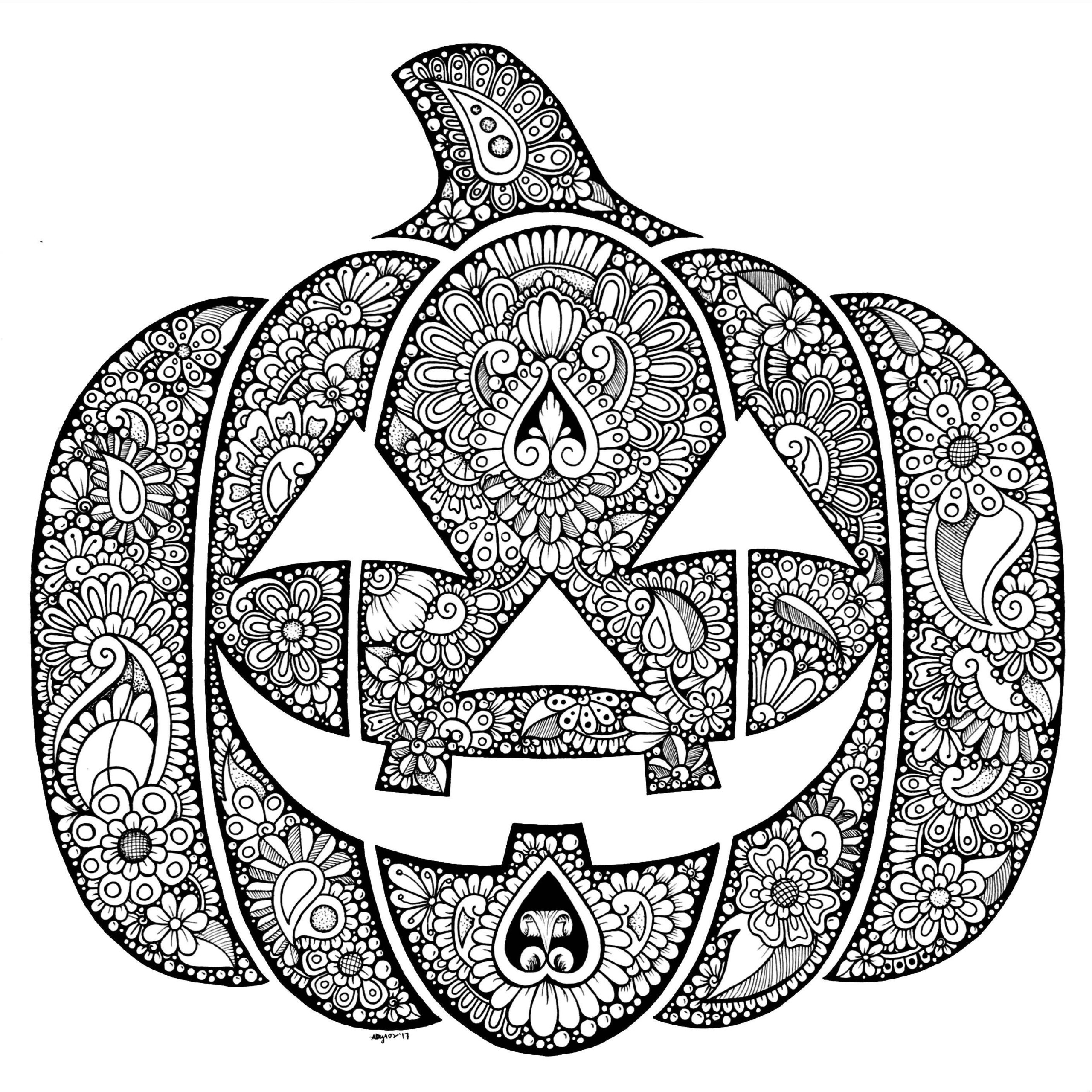 Jack-o’-lantern coloring page filled with intricate floral and paisley patterns, with a large smiling face and curved stem.