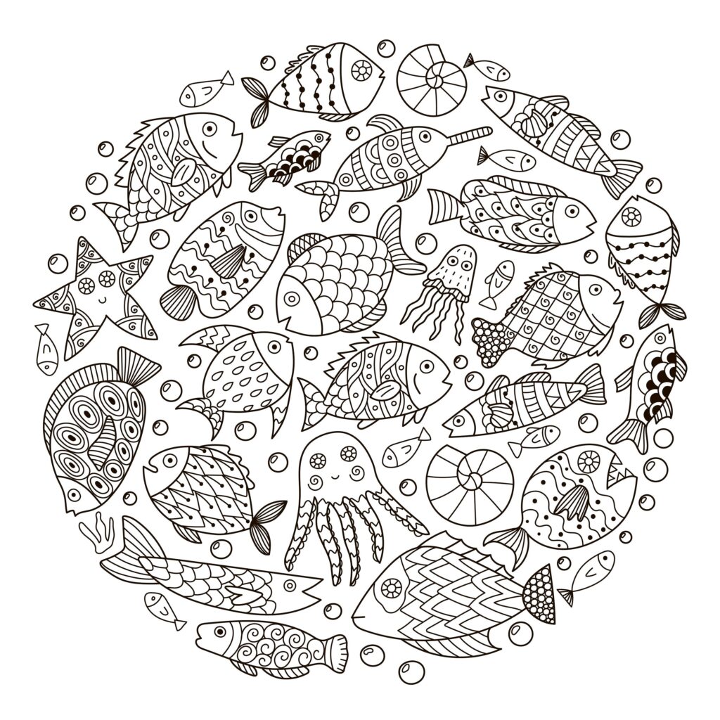 Underwater-themed coloring page filled with uncolored outline drawings of patterned fish, a jellyfish, bubbles, and other sea-life shapes.