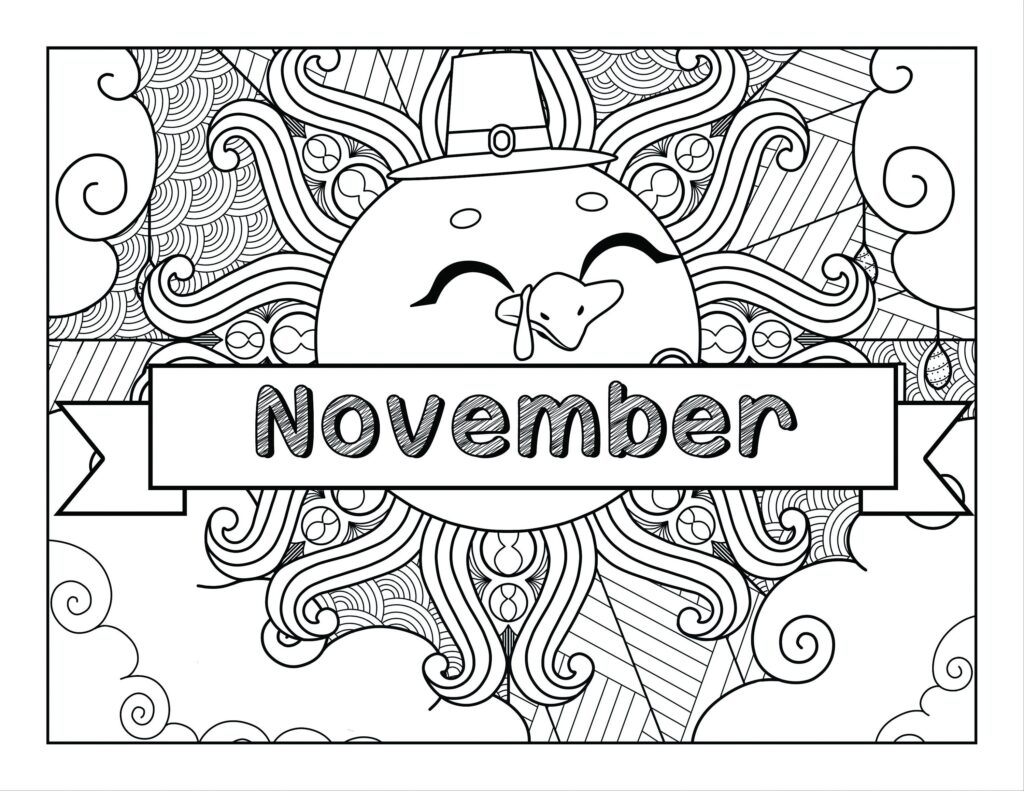November coloring page with a smiling turkey-like face wearing a hat, surrounded by decorative swirls, patterns, and a large ribbon banner.