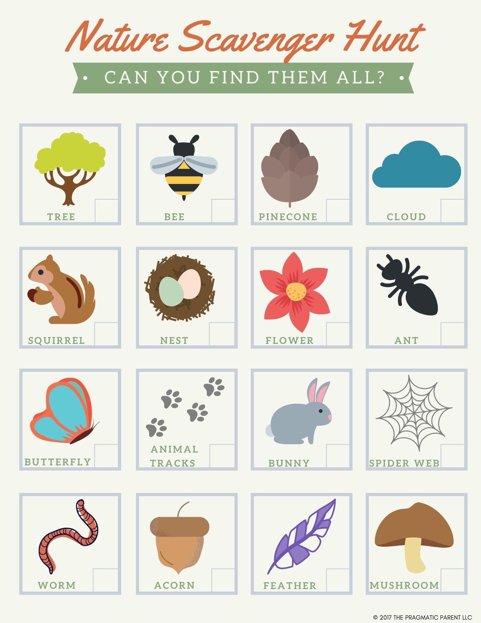 Nature scavenger hunt worksheet with labeled illustrations of a tree, bee, pinecone, cloud, squirrel, nest, flower, ant, butterfly, animal tracks, bunny, spider web, worm, acorn, feather, and mushroom.
