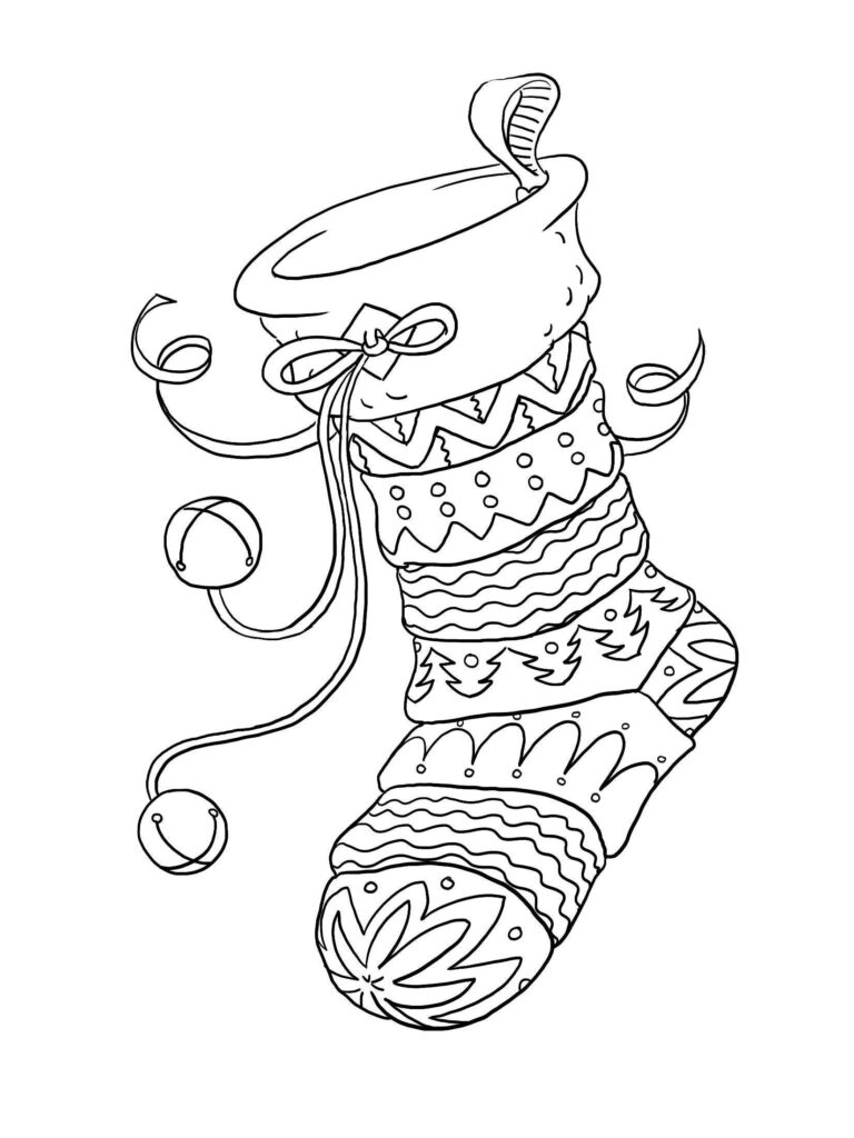 Black-and-white coloring-page illustration of a Christmas stocking with patterned bands, a bow, and dangling curled cords.