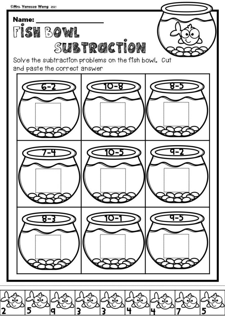 A fishbowl subtraction worksheet with nine numbered problems, blank answer boxes, and fish answer pieces to cut out and paste.