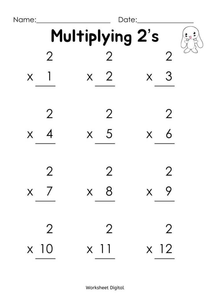 A “Multiplying 2’s” worksheet with name and date lines and twelve vertical multiplication problems, from 2 × 1 through 2 × 12, each with space for an answer.