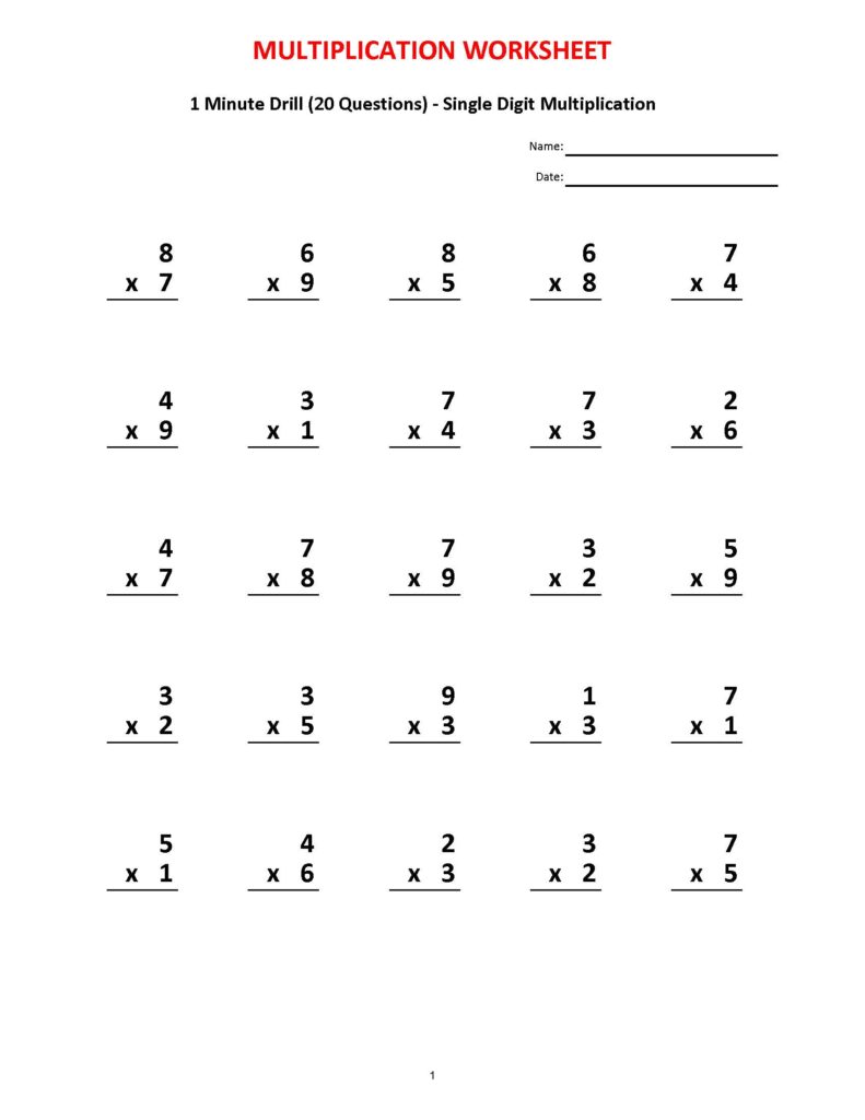 A clean multiplication worksheet titled “1 Minute Drill (20 Questions) - Single Digit Multiplication,” with 20 vertical problems arranged in five rows and spaces for answers.