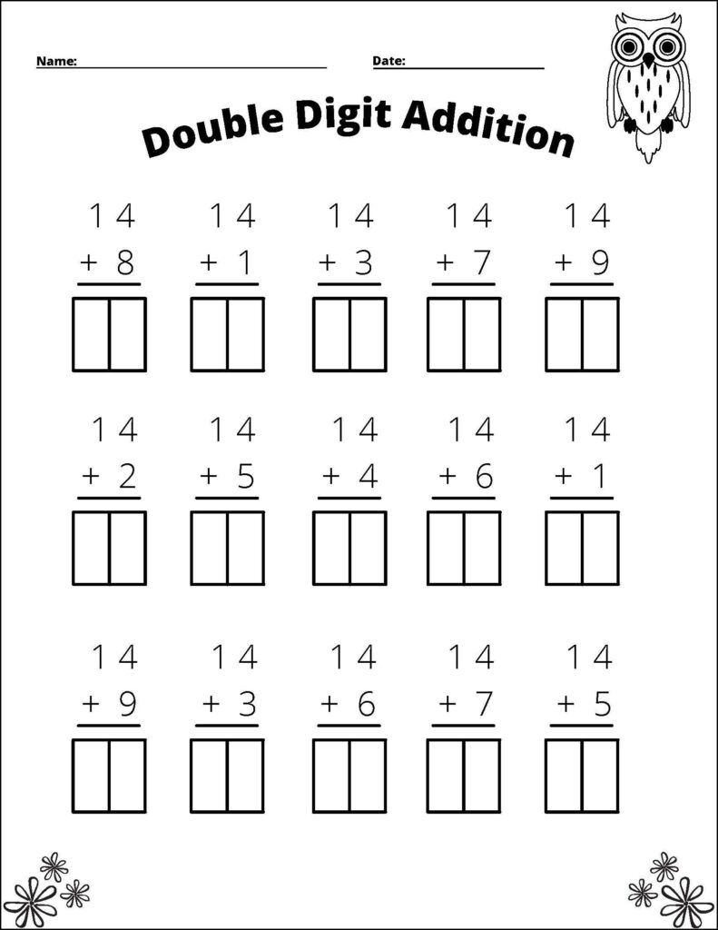 A double-digit addition worksheet with fifteen vertical problems adding single-digit numbers to 14, each followed by a two-box answer space.