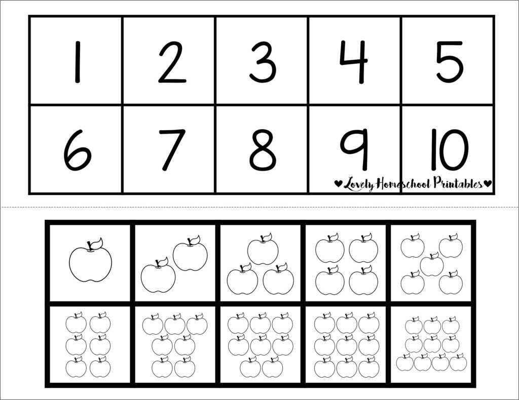 Worksheet showing numerals 1–10 in a grid above matching groups of outlined apples for counting.